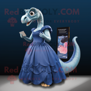 Navy Diplodocus mascot costume character dressed with a Ball Gown and Backpacks