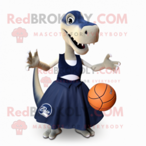 Navy Diplodocus mascot costume character dressed with a Ball Gown and Backpacks