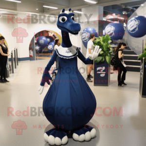 Navy Diplodocus mascot costume character dressed with a Ball Gown and Backpacks