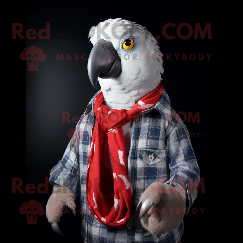Silver Parrot mascot costume character dressed with a Flannel Shirt and Keychains Silver Parrot mascot costume character dressed with a Flannel Shirt and Keychains