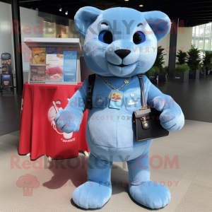 Sky Blue Jaguarundi mascot costume character dressed with a Jeans and Coin purses