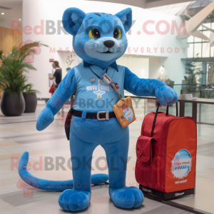 Sky Blue Jaguarundi mascot costume character dressed with a Jeans and Coin purses