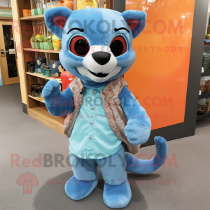 Sky Blue Jaguarundi mascot costume character dressed with a Jeans and Coin purses