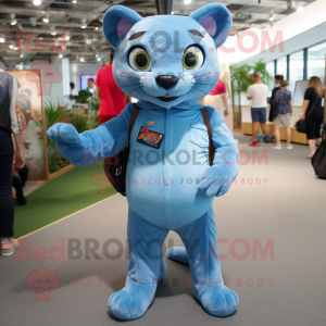 Sky Blue Jaguarundi mascot costume character dressed with a Jeans and Coin purses