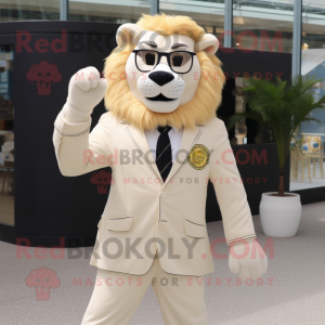 Cream Lion mascot costume character dressed with a Blazer and Sunglasses