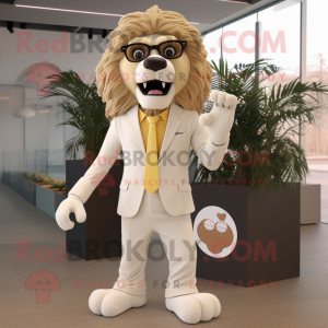 Cream Lion mascot costume character dressed with a Blazer and Sunglasses