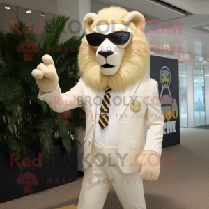 Cream Lion mascot costume character dressed with a Blazer and Sunglasses