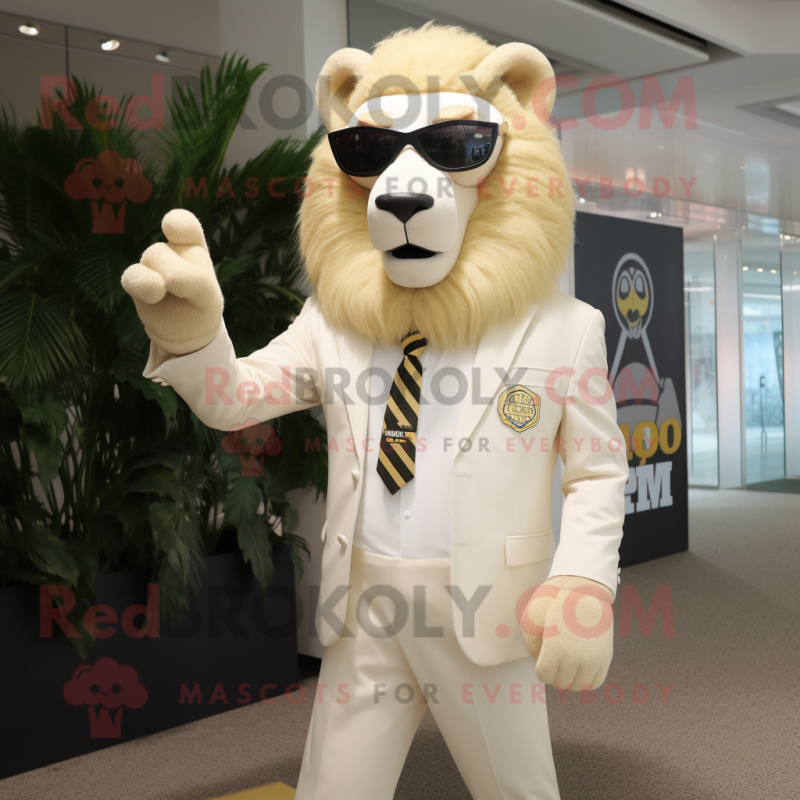 Cream Lion mascot costume character dressed with a Blazer and Sunglasses
