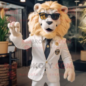 Cream Lion mascot costume character dressed with a Blazer and Sunglasses