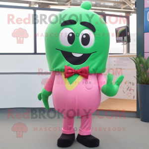 Pink Green Bean mascot costume character dressed with a One-Piece Swimsuit and Bow ties