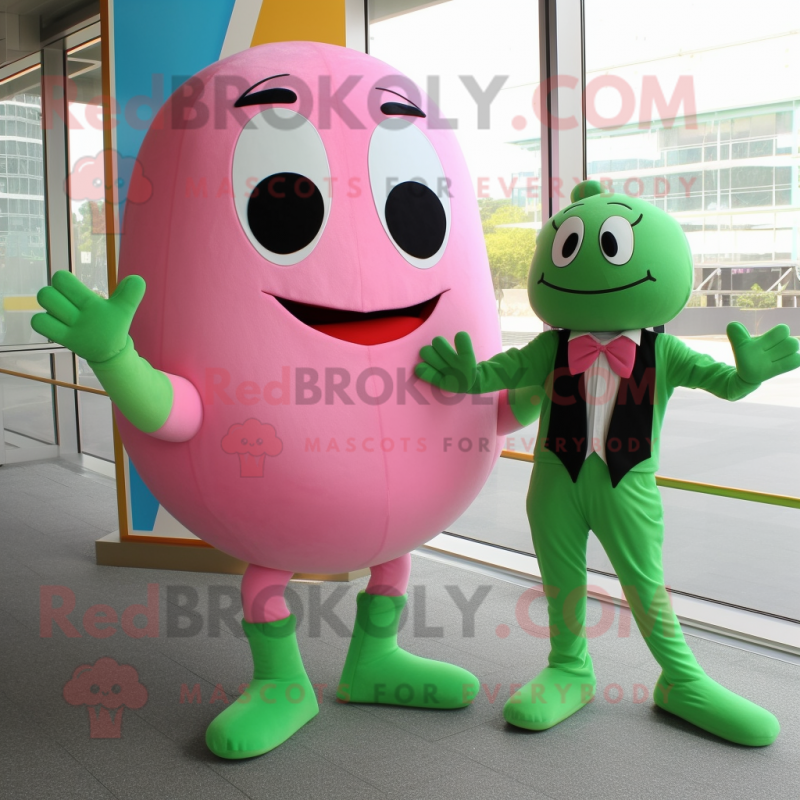 Pink Green Bean mascot costume character dressed with a One-Piece Swimsuit and Bow ties Pink Green Bean mascot costume character dressed with a One-Piece Swimsuit and Bow ties