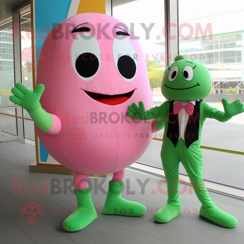 Pink Green Bean mascot costume character dressed with a One-Piece Swimsuit and Bow ties