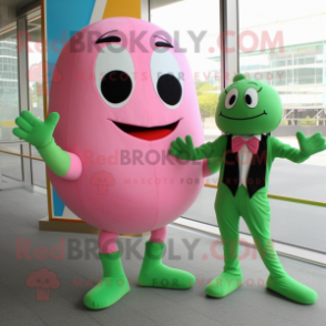 Pink Green Bean mascot costume character dressed with a One-Piece Swimsuit and Bow ties