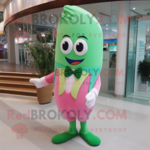 Pink Green Bean mascot costume character dressed with a One-Piece Swimsuit and Bow ties