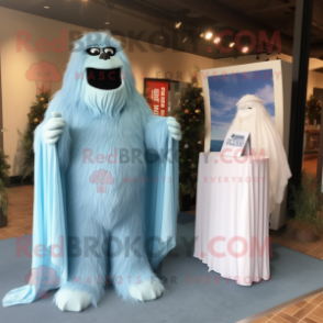 Sky Blue Sasquatch mascot costume character dressed with a Wedding Dress and Shawls