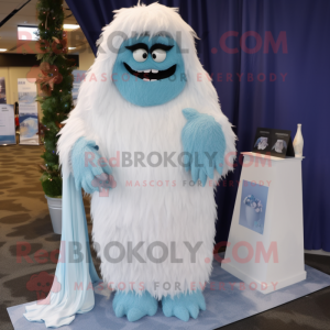 Sky Blue Sasquatch mascot costume character dressed with a Wedding Dress and Shawls