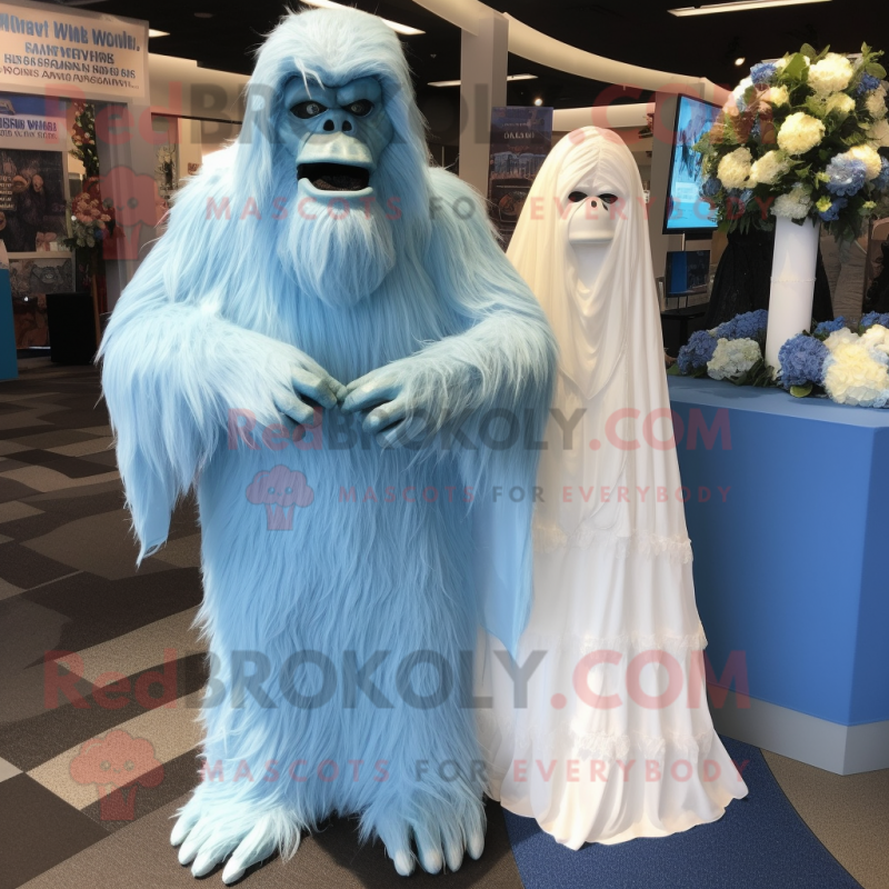 Sky Blue Sasquatch mascot costume character dressed with a Wedding Dress and Shawls