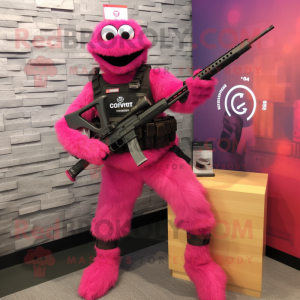 Magenta Sniper mascot costume character dressed with a Vest and Foot pads