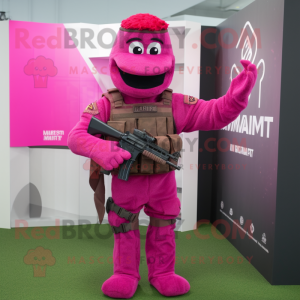 Magenta Sniper mascot costume character dressed with a Vest and Foot pads