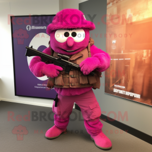 Magenta Sniper mascot costume character dressed with a Vest and Foot pads