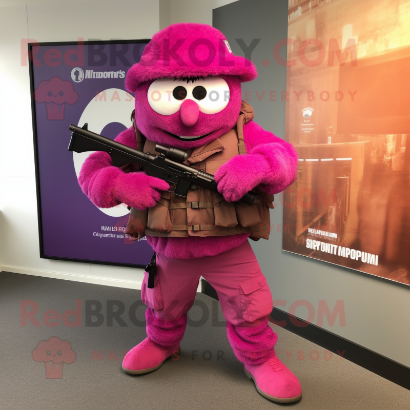 Magenta Sniper mascot costume character dressed with a Vest and Foot pads