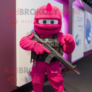 Magenta Sniper mascot costume character dressed with a Vest and Foot pads