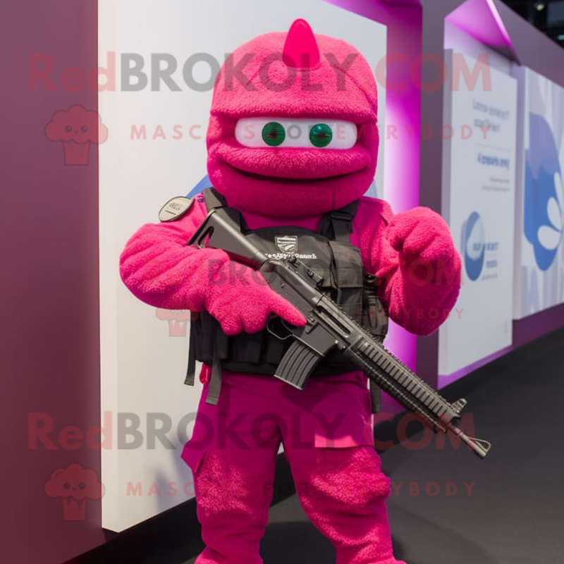 Magenta Sniper mascot costume character dressed with a Vest and Foot pads Magenta Sniper mascot costume character dressed with a Vest and Foot pads