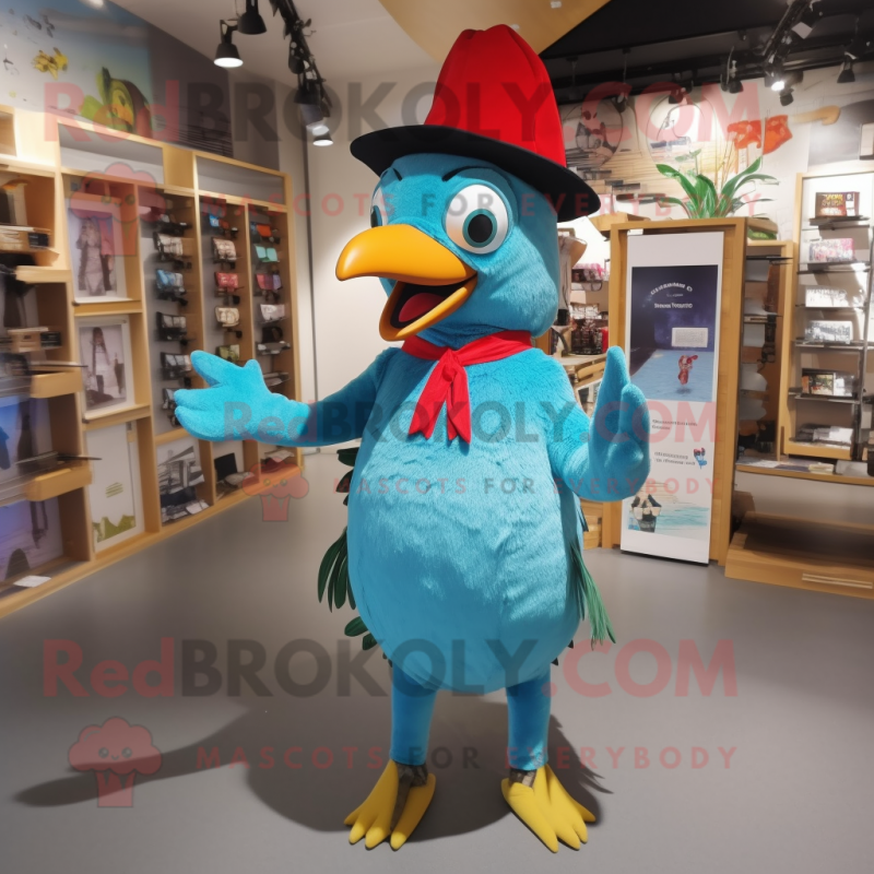 Turquoise Woodpecker mascot costume character dressed with a Trousers and Hat pins