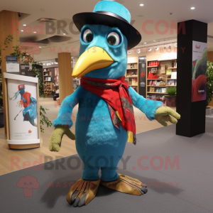 Turquoise Woodpecker mascot costume character dressed with a Trousers and Hat pins