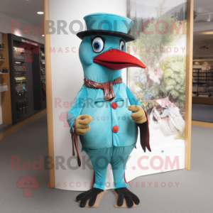 Turquoise Woodpecker mascot costume character dressed with a Trousers and Hat pins