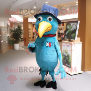 Turquoise Woodpecker mascot costume character dressed with a Trousers and Hat pins