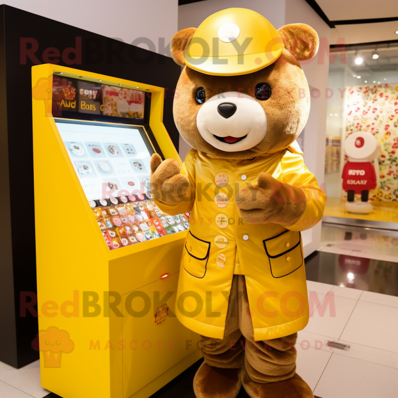 Gold Candy Box mascot costume character dressed with a Coat and Beanies Gold Candy Box mascot costume character dressed with a Coat and Beanies