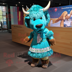 Turquoise Buffalo mascot costume character dressed with a Pleated Skirt and Ties