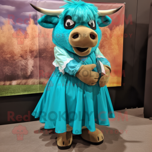 Turquoise Buffalo mascot costume character dressed with a Pleated Skirt and Ties