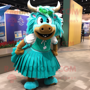 Turquoise Buffalo mascot costume character dressed with a Pleated Skirt and Ties