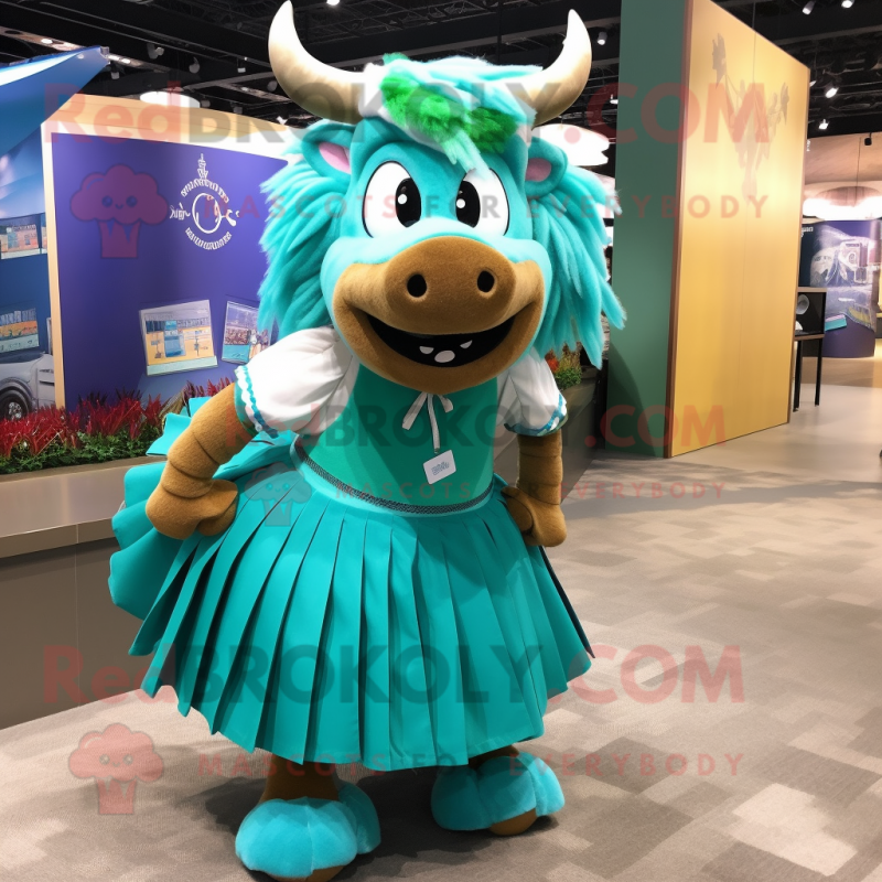Turquoise Buffalo mascot costume character dressed with a Pleated Skirt and Ties Turquoise Buffalo mascot costume character dressed with a Pleated Skirt and Ties