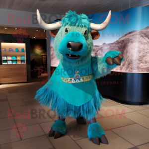 Turquoise Buffalo mascot costume character dressed with a Pleated Skirt and Ties
