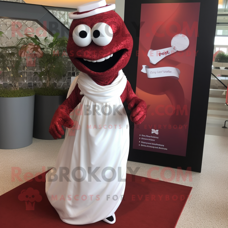 Maroon Snake mascot costume character dressed with a Wedding Dress and Cufflinks