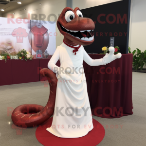 Maroon Snake mascot costume character dressed with a Wedding Dress and Cufflinks