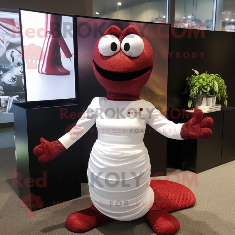 Maroon Snake mascot costume character dressed with a Wedding Dress and Cufflinks Maroon Snake mascot costume character dressed with a Wedding Dress and Cufflinks