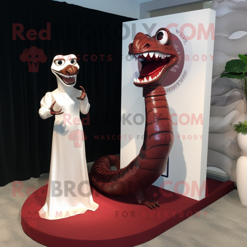Maroon Snake mascot costume character dressed with a Wedding Dress and Cufflinks Maroon Snake mascot costume character dressed with a Wedding Dress and Cufflinks