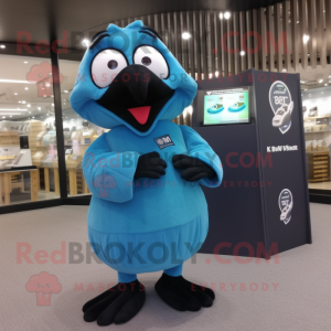 Cyan Crow mascot costume character dressed with a V-Neck Tee and Coin purses