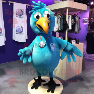 Cyan Crow mascot costume character dressed with a V-Neck Tee and Coin purses