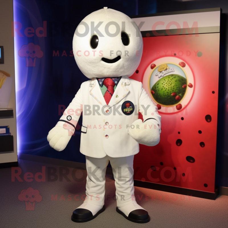 White Raspberry mascot costume character dressed with a Bomber Jacket and Tie pins