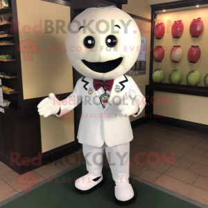 White Raspberry mascot costume character dressed with a Bomber Jacket and Tie pins