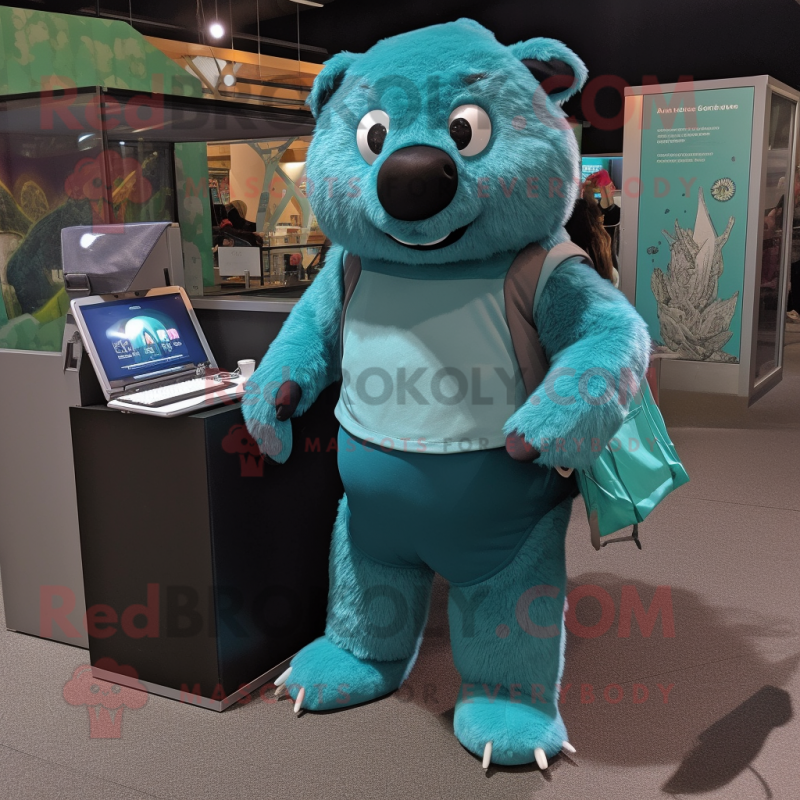 Teal Sloth Bear mascot costume character dressed with a Turtleneck and Wallets Teal Sloth Bear mascot costume character dressed with a Turtleneck and Wallets