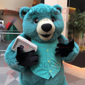 Teal Sloth Bear mascot costume character dressed with a Turtleneck and Wallets