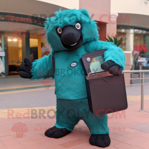 Teal Sloth Bear mascot costume character dressed with a Turtleneck and Wallets