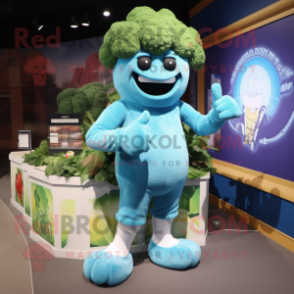 Sky Blue Broccoli mascot costume character dressed with a Tank Top and Gloves