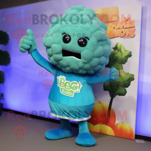 Sky Blue Broccoli mascot costume character dressed with a Tank Top and Gloves